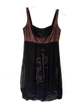 Nicole Miller Studio black silk chiffon mini dress metallic gathered bodice XS